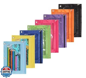 Zippered Binder Fabric Pencil Pouch 3 Rings with Clear Window for School Clas - Picture 1 of 5