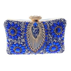 Gold Tone Fashion Satin Fabric Clutch Evening Bag With Rhinestone TLX190-BLU - Picture 1 of 3