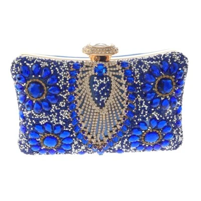 Gold Tone Fashion Satin Fabric Clutch Evening Bag With Rhinestone TLX190-BLU - Image 1 of 3