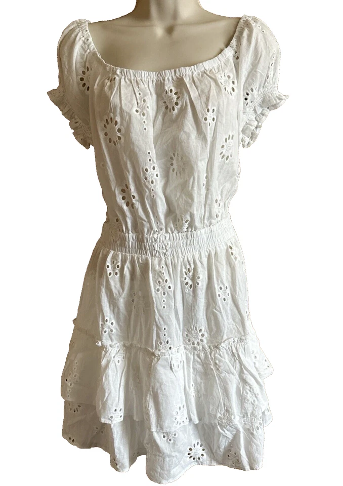 Aqua IVORY Eyelet Tiered Peasant Swim Cover-up Dress US Medium