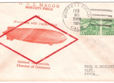 USA AIRSHIP USS MACON Air Mail Cover 1934 Moffett Field CA Oley PA KZ218 - Image 1 of 4