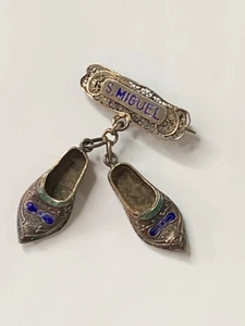Antigue Filigree Enameled Shoe Dangler PIN Brooch Portugal  Silver Patina - Picture 1 of 12