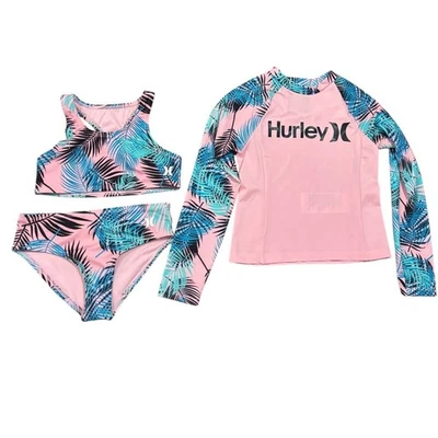 Conjunto de traje de baño Hurley de 3 piezas para niñas protector contra erupciones parte superior parte inferior de bikini rosa palma 6X Foto 1 de 4