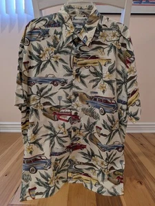 Vintage 90s Robert Stock Hawaiian Shirt Sz L Classic Cars Floral Corvette - Picture 1 of 6