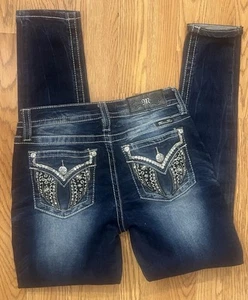Miss Me Jean  27x30 Dark Blue Hailey Skinny Distress Western Boho Hip Hop Bling - Picture 1 of 18