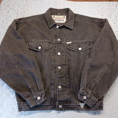 Vintage 80s GUESS Georges Marciano Black Denim Trucker Jacket Mens Size L USA  - Image 1 of 4