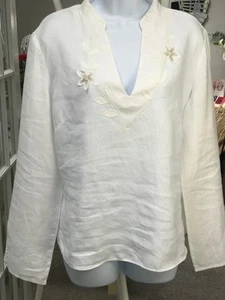 Vintage M&S Per Una Applique Linen White Top Size 16 - Picture 1 of 7