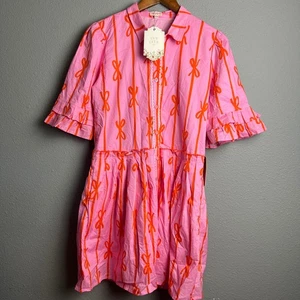 NWT Ivy City Co. Mini Bowie Dress Bow Print Ruffle Sleeve Pink Orange Sz 11/12T - Picture 1 of 12