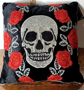 Day of the Dead Embroidered Skull & Roses Black, Red & Silver Pillow 18" Square - Picture 1 of 10