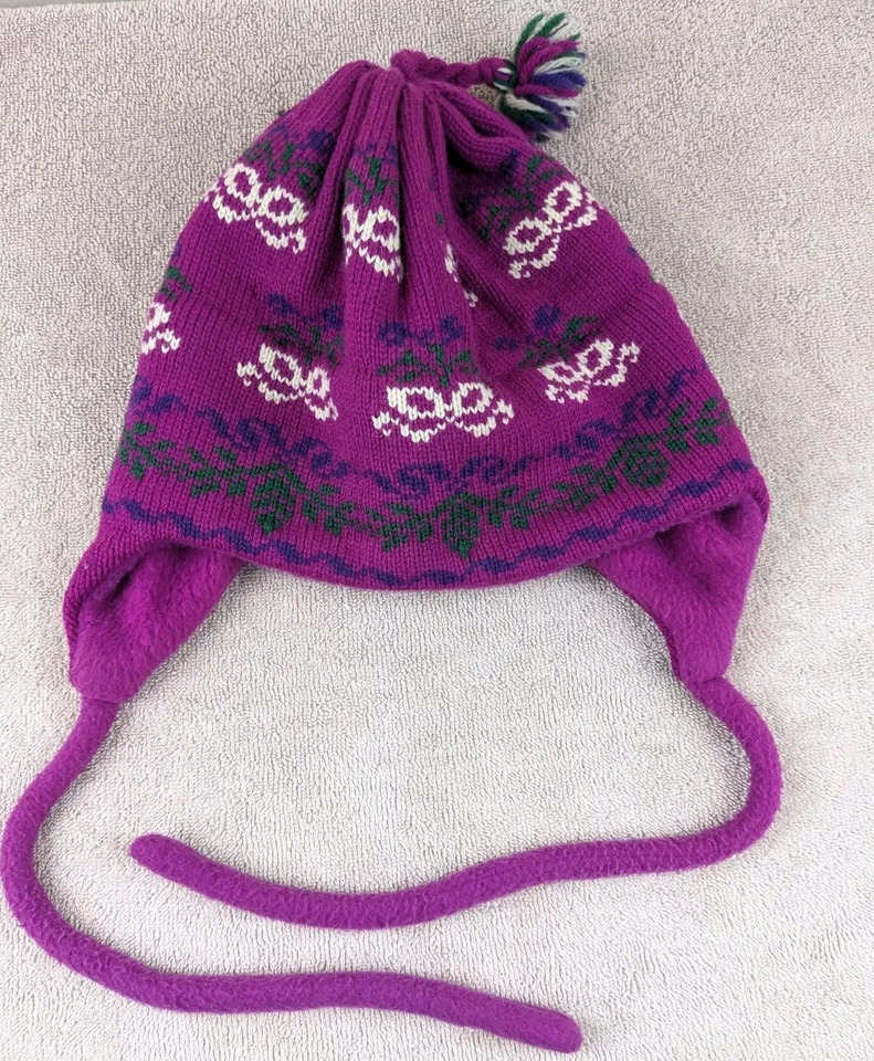 ЧЕРЕПАХОВЫЙ МЕХ лыж шляпа взрослых OSFA фиолетовый наушник трикотажа шерстяная смесь помпон зима - Изображение 1 из 4
