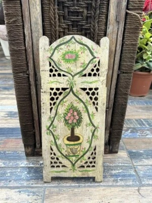 Antiguo panel de pared antiguo hecho a mano floral pintado de madera corte Jali Foto 1 de 4