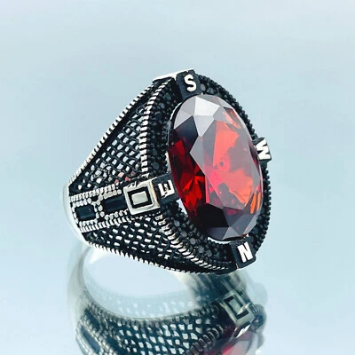 Men Simulated Red Ruby Stone Ring Black Plated Compass Design Ring 925 Silver - Image 1 of 4