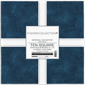 Fusions Blue Waterfall cottons layer cake 10 Squares 42 fabric Kaufman quilting - Picture 1 of 2