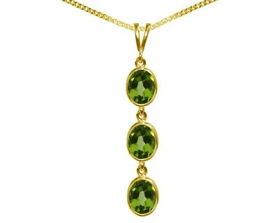 9ct Oro Amarillo Natural Peridoto Triple Ovalado Cadena y Colgante British Hecho - Imagen 1 de 4