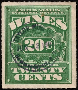 US - 1933 - 20 Cents Green Wine Stamp Revenue Issue # RE69 F-VF Handstamped - Picture 1 of 1