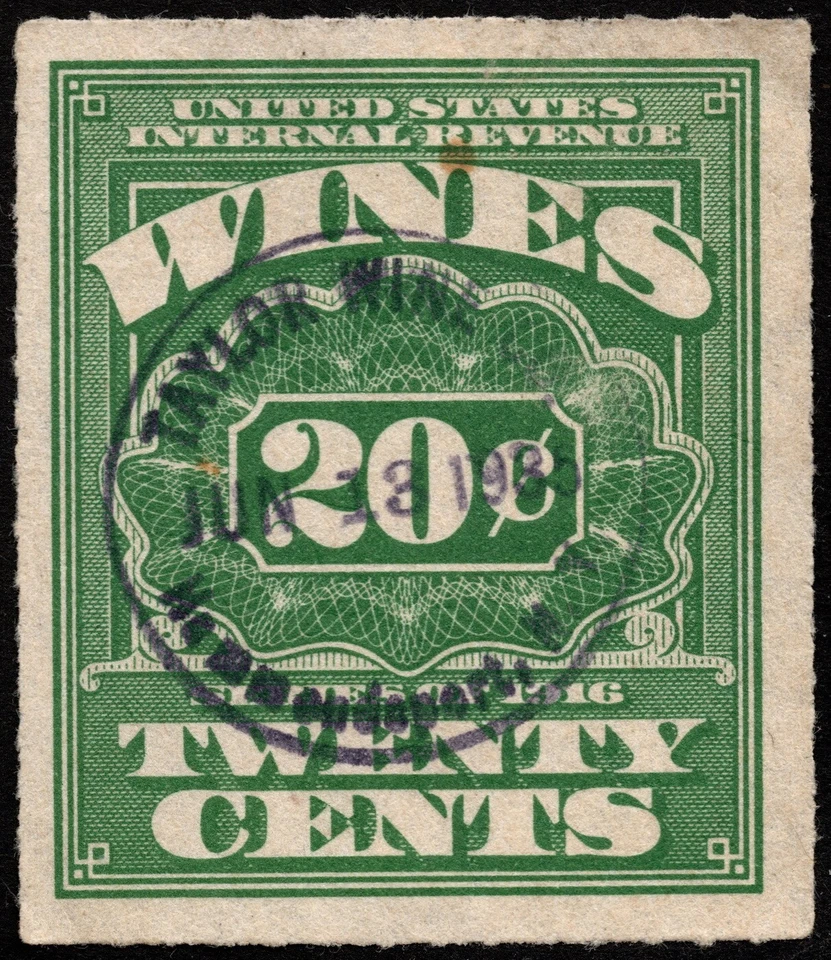 US - 1933 - 20 Cents Green Wine Stamp Revenue Issue # RE69 F-VF Handstamped - Image 1 of 1