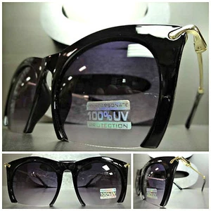 TRENDY VINTAGE RETRO Style SUN GLASSES SHADES Unique Black & Gold Half Frame - Picture 1 of 9