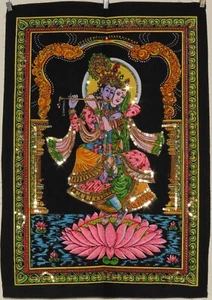 Indian Hindu God Radha Krishna Lotus Sequinned Wall Hanging 43 x 56 cm - Picture 1 of 4