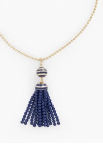 $69.50 TALBOTS GOLD TONE BLUE STRIPE  TASSEL NECKLACE jt10 - Picture 1 of 2