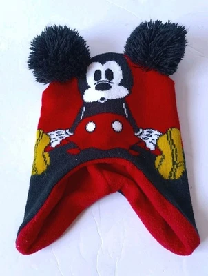 Mickey Mouse Beanie Toddler Fleece Lined Red Pom Pom 9 Inches - Image 1 of 4