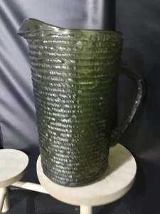 Anchor Hocking Soreno Avocado Green Glass Pressed Bark Juice Pitcher Vintage 6" - Picture 1 of 5