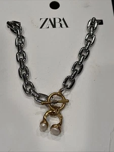 Zara Thick Heavy Silver Chain Necklace with Gold & Pearl Detail New - Picture 1 of 6
