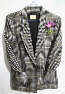 Womens 12 Vtg USA Virgin Wool 1 Button Plaid Houndstooth Jacket Pendleton Blazer - Picture 1 of 13