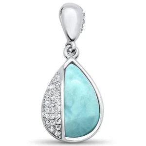 Elegant Natural Larimar & Cz Drop .925 Sterling Silver Pendant - Picture 1 of 2