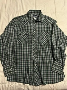 Vintage Wrangler Pearl Snap Large XL Green Striped Long Sleeve Western Cowboy - Picture 1 of 5