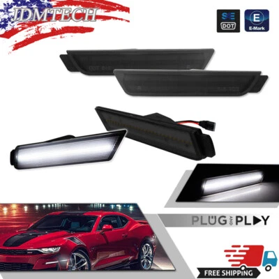 4PC Smoked LED Front+Rear Side Marker Lights White Lamps For 10-15 Chevy Camaro - Image 1 of 4