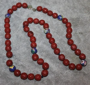 VINTAGE CHINESE CARVED CINNABAR STERLING BEADED NECKLACE CLOISONNE 13MM FLORAL - Picture 1 of 5