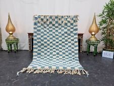 Moroccan Handmade Beni Ourain Rug 3'6"x5' Berber Checkered White Blue Carpet