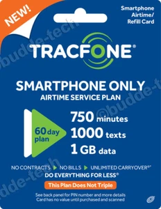 TracFone Smart phone Plan - 60 Days/750 Minutes/1000 Texts/1GB Data Android Cell - Picture 1 of 7