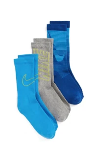 Nike Boys Pack Of 3 Blue Grey Logo Crew Socks Size Small L141353 - Picture 1 of 2