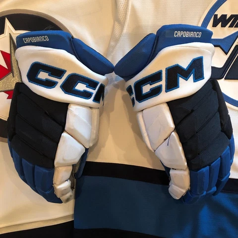 WINNIPEG JETS NHL REVERSE RETRO PLAYER USED HOCKEY GLOVES KYLE CAPOBIANCO 77 Cover