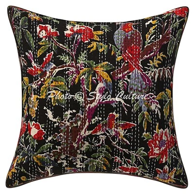 Black Cushion Cover Kantha Gypsy Handmade Indian Tribal Ethnic Hippie Pillow - Image 1 of 4