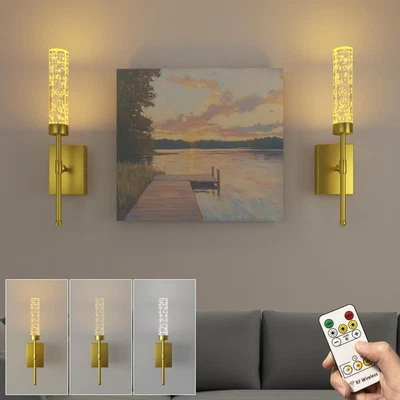 Aplique de pared con batería de cristal LED con vidrio burbuja, moderno dorado recargable con... Foto 1 de 4