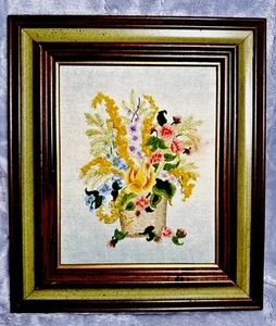 Vtg Crewel Embroidered Colorful Floral Framed Art Cottagecore Handmade 3D - Picture 1 of 9