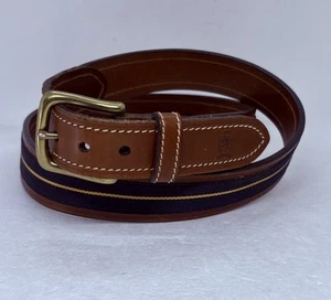 Tommy Hilfiger Fabric Inlay Brown Leather Belt Brass Buckle Size 40 USA 37 - Picture 1 of 9