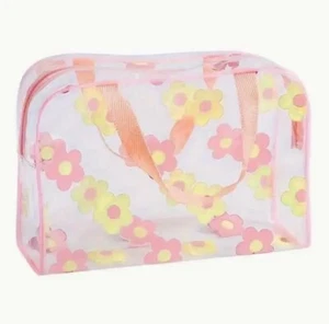 PVC Pink Transparent Toiletry Large Bag Fashion Zippered Cosmetic Bag Travel Bag - Picture 1 of 4