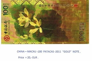 China - Macau 100 Pacatas - 2011 "Gold" note, uncirculated - Picture 1 of 2