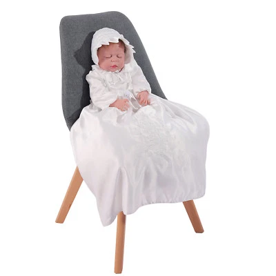 Langarm Elfenbein Satin Taufkleid und Mütze 0 3 6 9 12 Monate - Bild 1 von 4