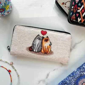 Boho Wallet VERY CUTE WALLET- WITH LOVING CATS-MADE FROM HAND WOVEN COTTON - Picture 1 of 3