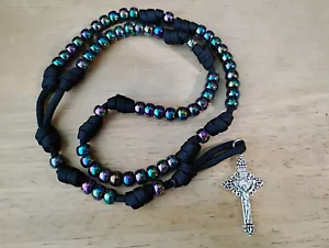 Rosario Perline Nero Aurora Boreale AB Abalone Perla Paracord Crocifisso Ornato - Foto 1 di 3