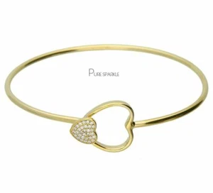 14K Gold 0.19 Ct. Lab-Created Diamond Double Heart Bangle Bracelet Fine Jewelry - Picture 1 of 1