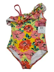 Kanu Surf  Girls 14 Flower Power Ruffle One-Shoulder 1-Piece Peach Yellow - Picture 1 of 4