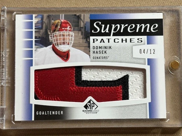 Dominik Hasek 2013-14 SP Game Used Edition Supreme Patches 3-Color GU Patch 4/12 - Image 1 of 2