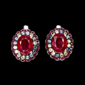 925 Sterling Silver Earrings Oval Ruby Round Ruby Myanmar Sapphire Gemstone - Picture 1 of 14