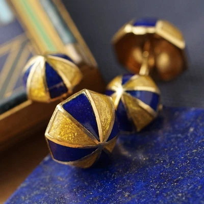 David Webb Cufflinks Umbrella 18k Yellow Gold Blue and Yellow Enamel - Image 1 of 4