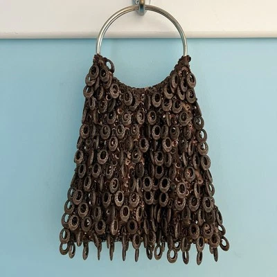 Vintage Gatsby Sequin Wood Beads Brown Cascade Flapper Fringe Evening Purse Bag - Image 1 of 4